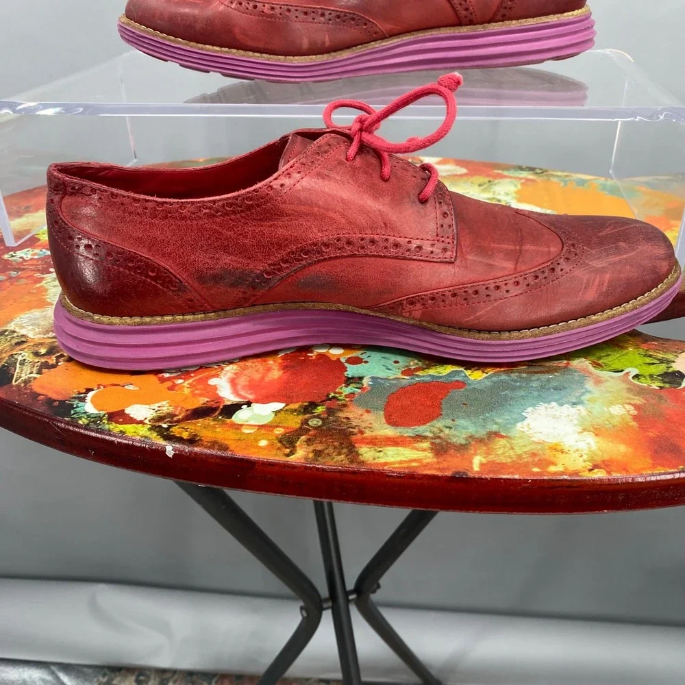 Cole Haan Lunargrand Red Leather Wingtip Oxford Shoes Purple Sole Womens 10